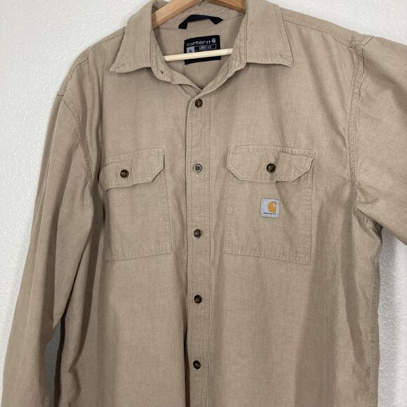 Carhartt Shirt Mens XL Khaki Button Up Long Sleeve Workwear Loose Fit Cotton - Picture 5 of 16